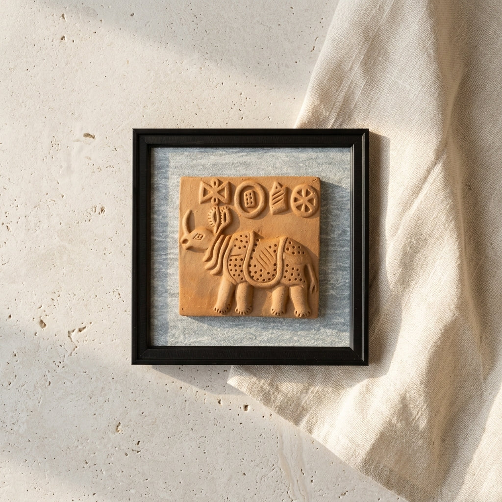 Terracotta Rhinoceros Wall Plaque — Framed Indus Valley Relief Art