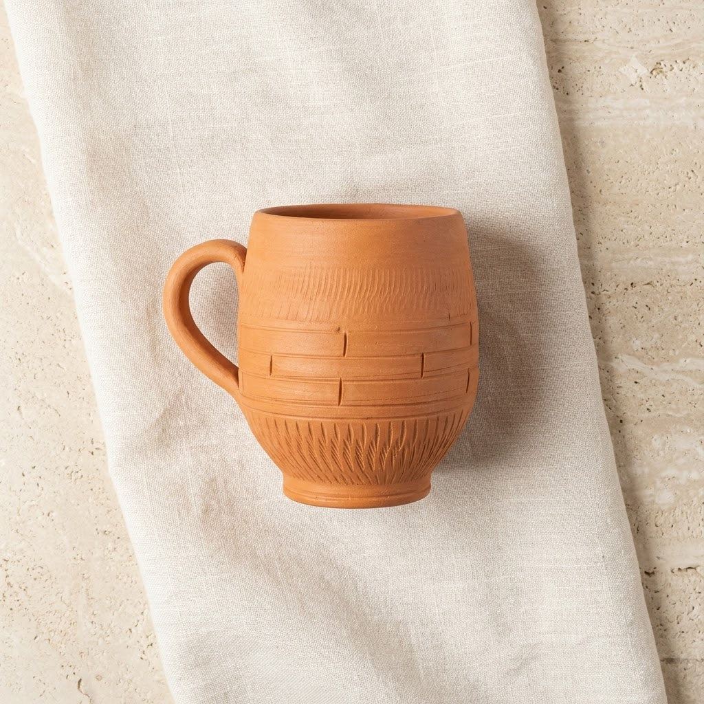 Terracotta Coffee Mug — Handmade Clay Barrel Mug with Carved Texture