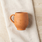 Terracotta Coffee Mug — Handmade Clay Barrel Mug with Carved Texture