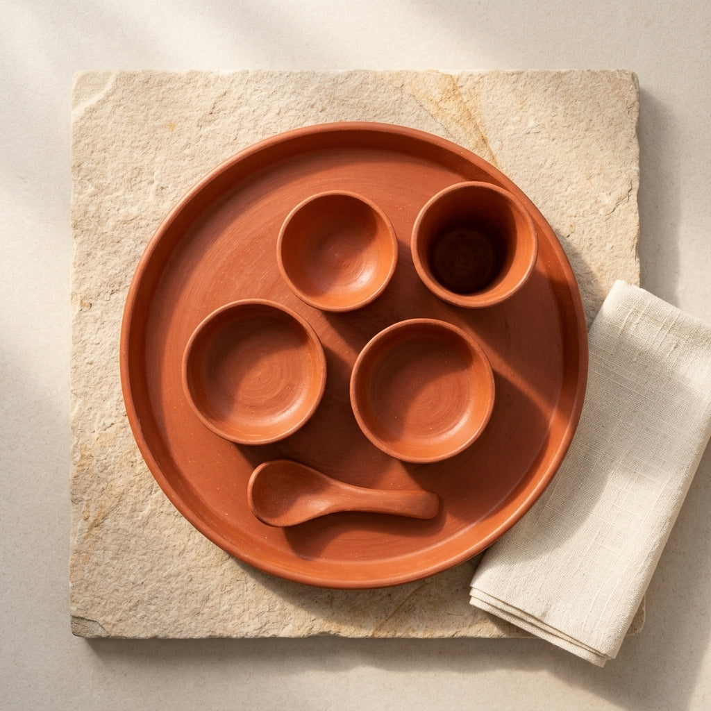 Handcrafted Terracotta Dining Set — Clay Dinner Plate Set with Bowls, Cup & Spoon