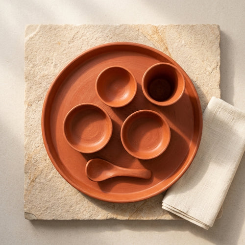 Handcrafted Terracotta Dining Set — Clay Dinner Plate Set with Bowls, Cup & Spoon