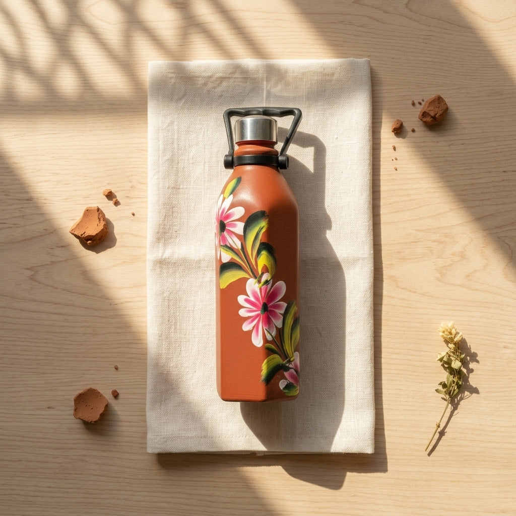 Terracotta Flora Bottle — Handmade Clay Water Bottle 1000ml