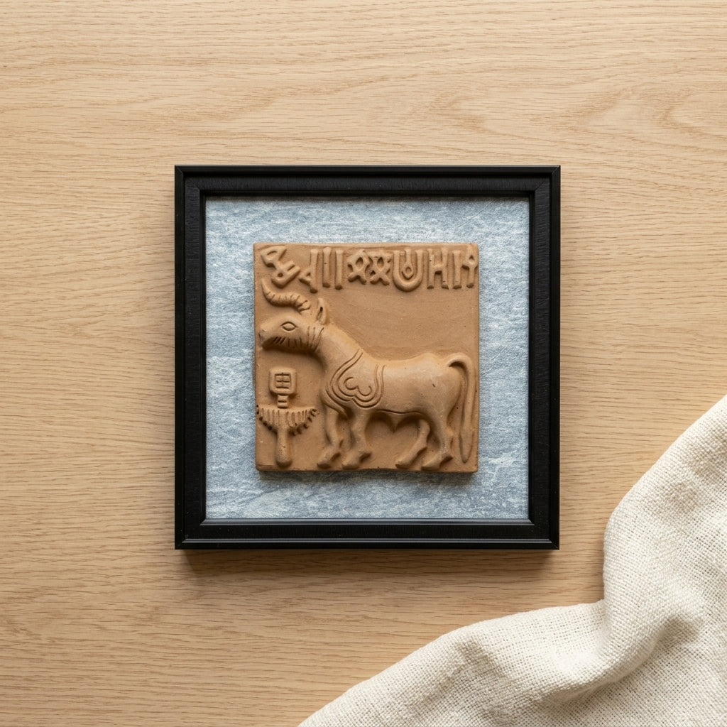 Terracotta Unicorn Wall Plaque — Framed Indus Valley One-Horned Bull Art