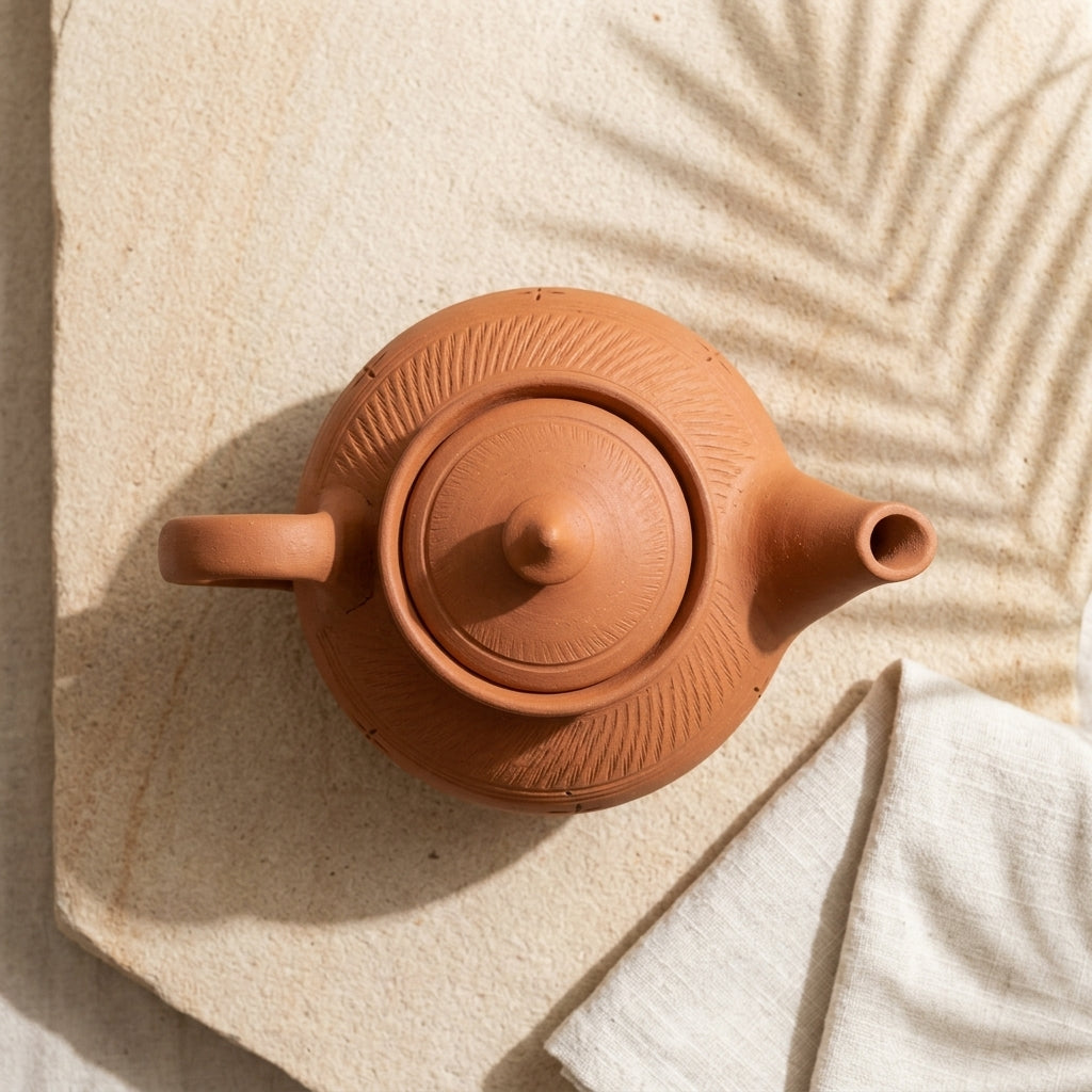 Terracotta Teapot — Handcrafted Clay Kettle with Hand-Engraved Motifs