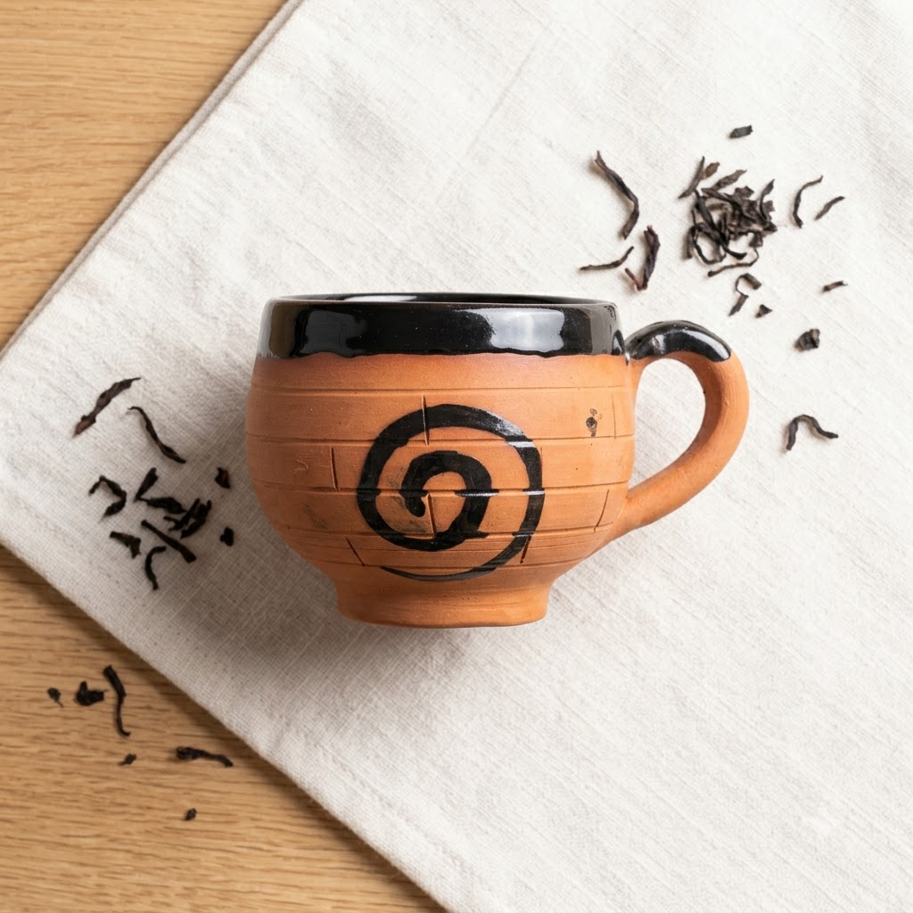 Terracotta Coffee Cup — Black Glazed Clay Cup with Hand-Painted Spiral