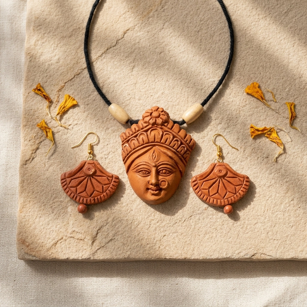 Terracotta Goddess Pendant Necklace — Hand-Sculpted Clay Devi Face