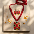 Terracotta Red Sunflower Necklace Set — Handcrafted Clay Square Pendant & Earrings