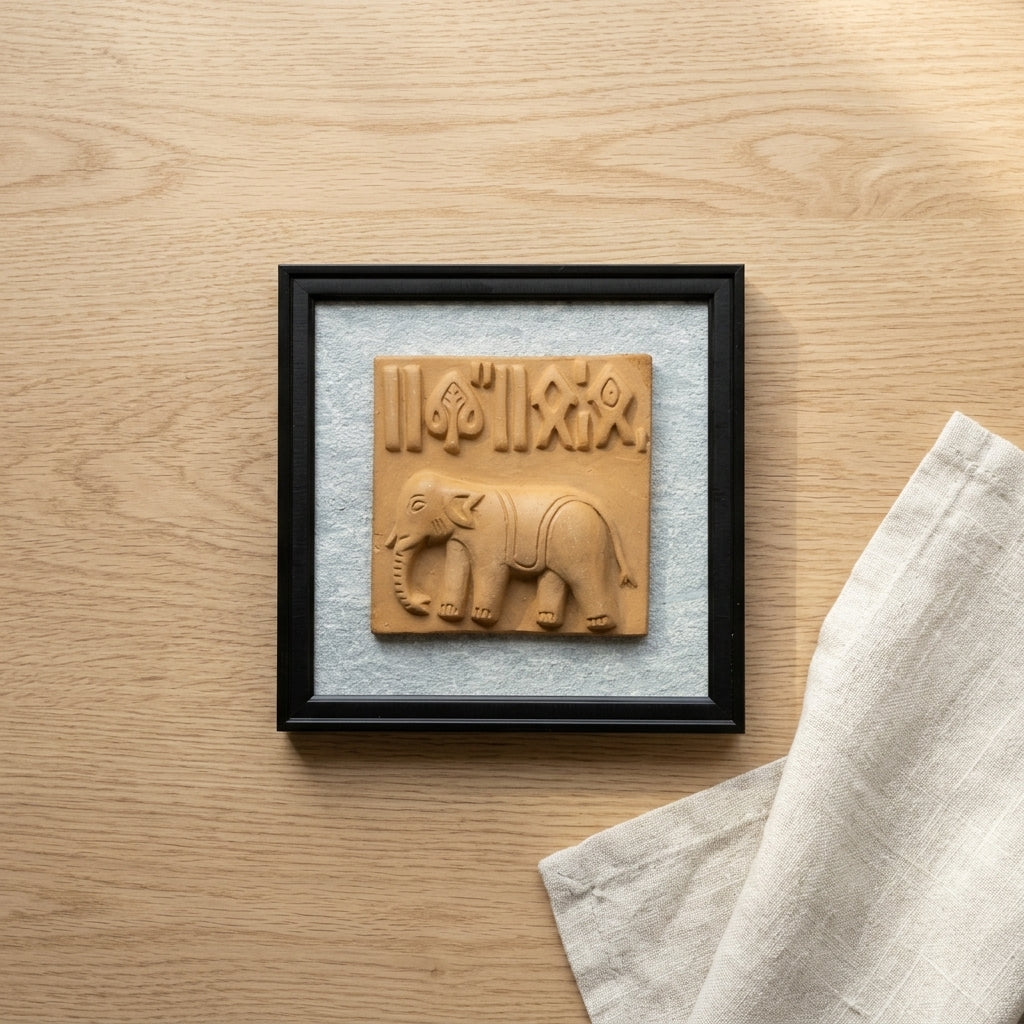 Terracotta Elephant Seal Wall Plaque — Framed Clay Folk Art Relief