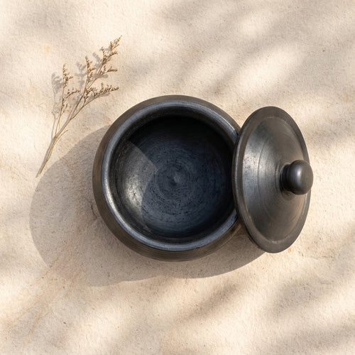 Black Clay Cooking Pot with Lid — Handcrafted Natural Black Pottery
