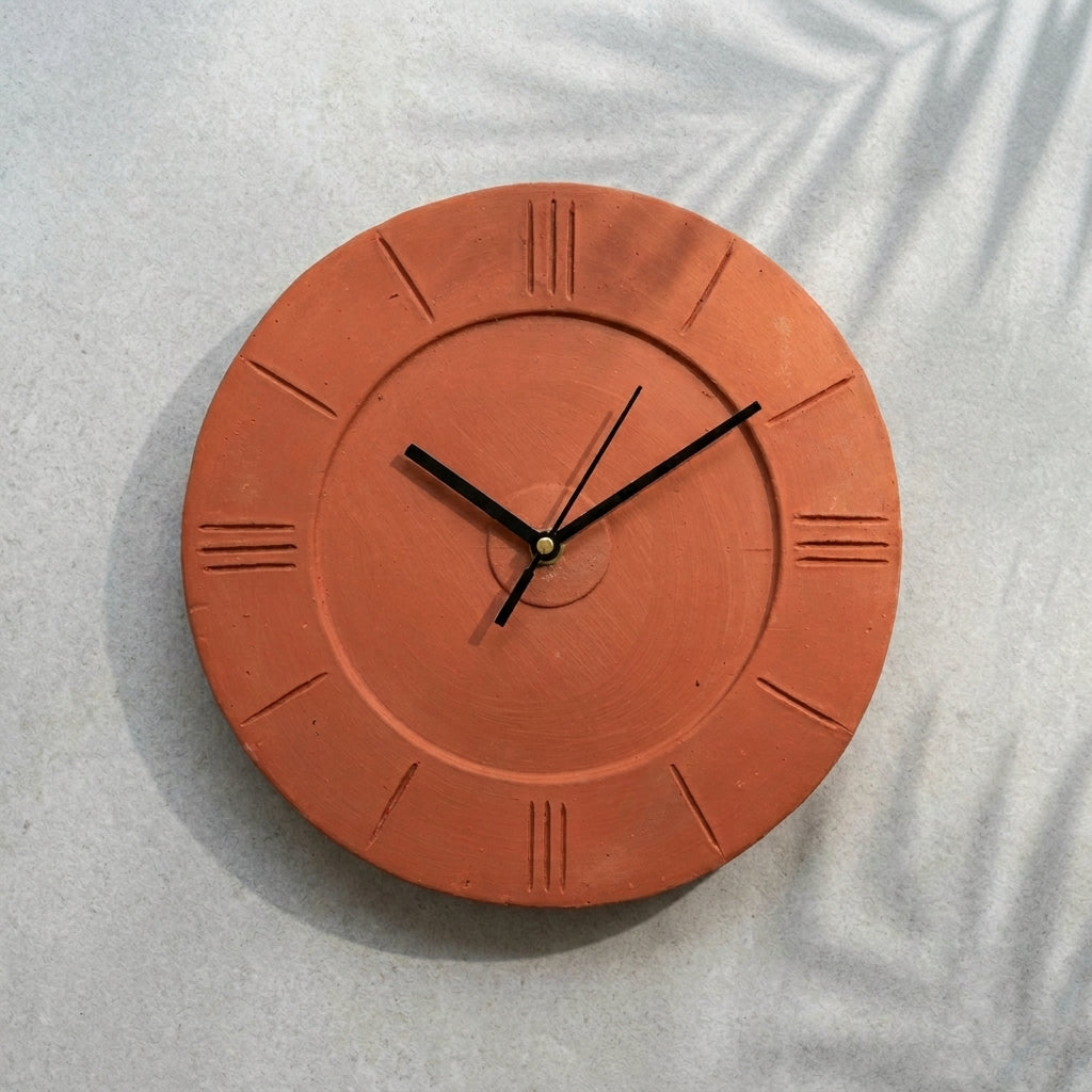 Terracotta Round Wall Clock — Minimalist Tick Marks, No Numbers