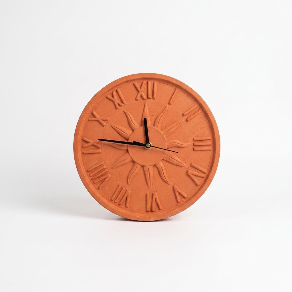 Terracotta Wall Clock — Round Clay Clock with Roman Numerals & Sun Motif
