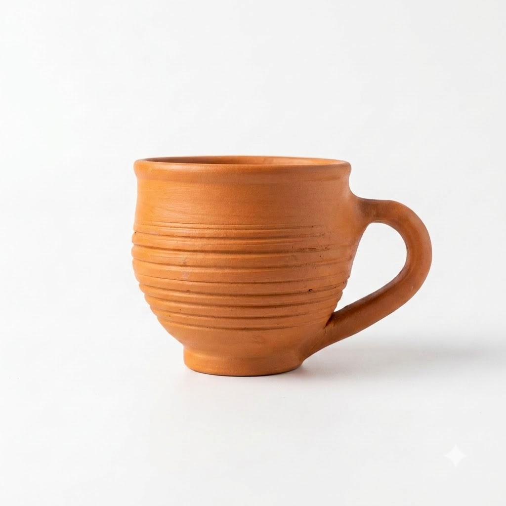 Terracotta Coffee Cup — Handmade Clay Cup with Spiral Ridged Body