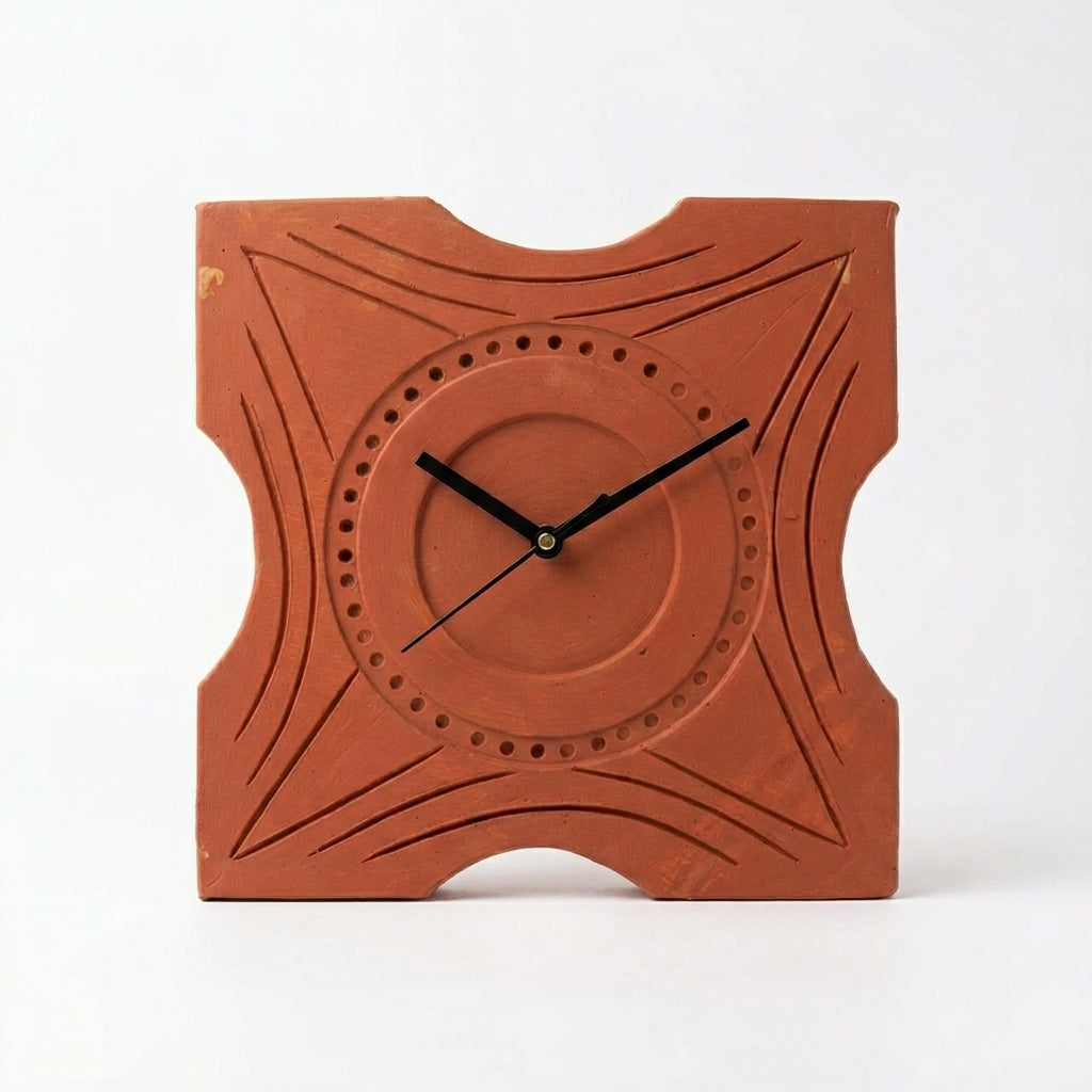 Terracotta Geometric Wall Clock — Curved Square with Arc & Dot Pattern