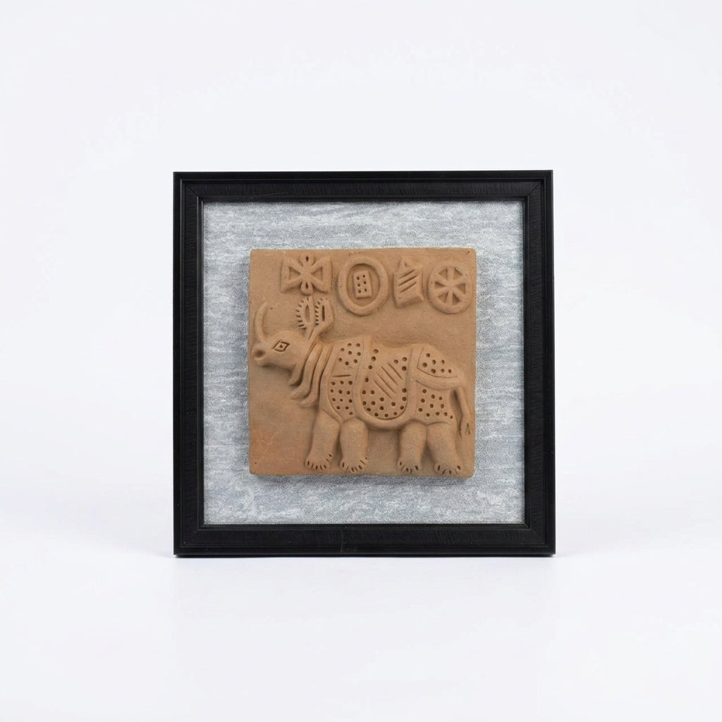 Terracotta Rhinoceros Wall Plaque — Framed Indus Valley Relief Art