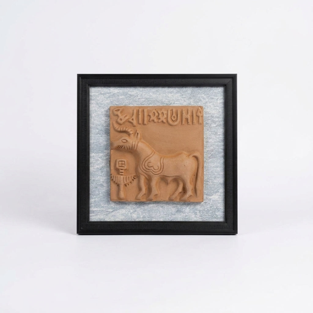 Terracotta Unicorn Wall Plaque — Framed Indus Valley One-Horned Bull Art