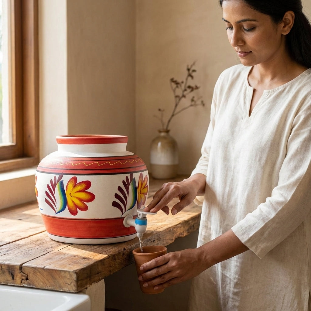 Terracotta Water Pot with Tap — Hand-Painted Matka Dispenser