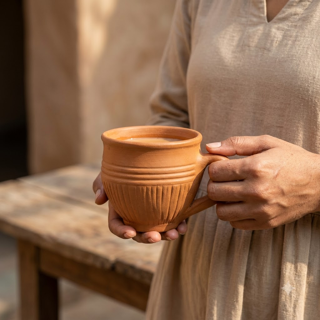 Terracotta Coffee Cup — Handmade Clay Cup with Fluted Body
