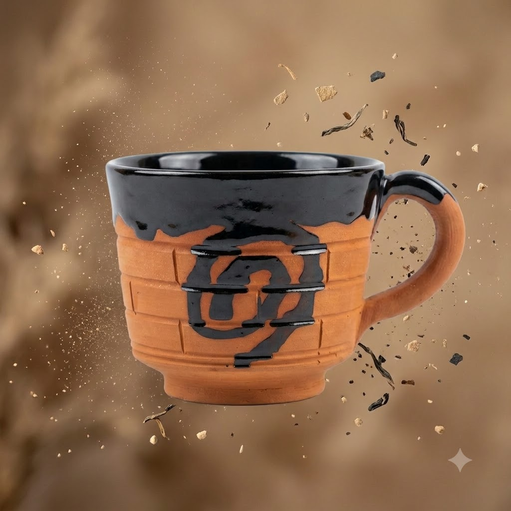 Terracotta Coffee Cup — Black Glazed Clay Cup with Engraved Spiral Motif