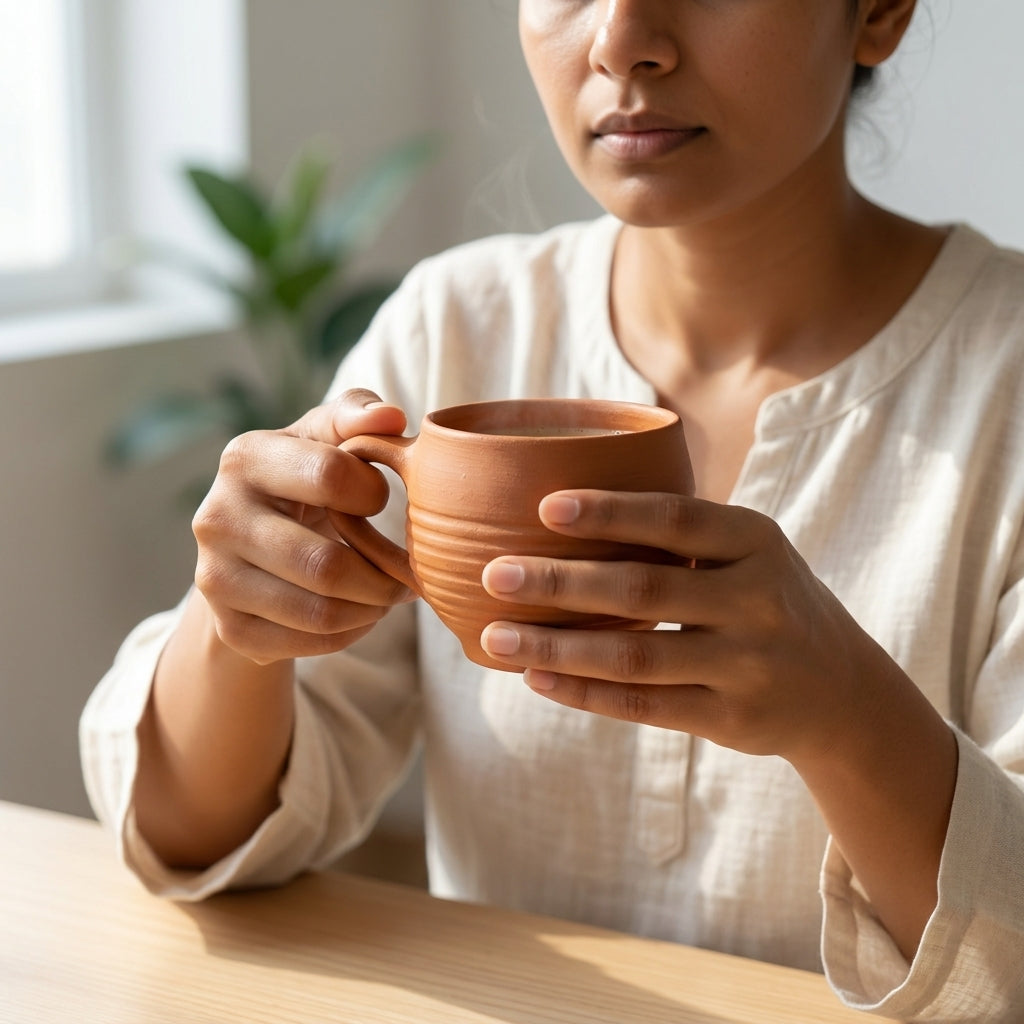 Terracotta Cup — Handmade Natural Clay Cup with Ridged Body