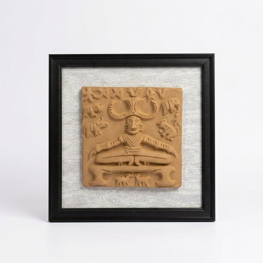 Terracotta Deity Wall Art — Framed Indus Valley Figure Relief Plaque