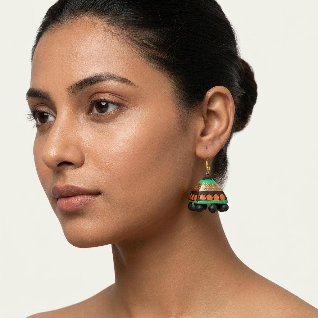 Terracotta Jhumka Earrings — Handcrafted Black, Gold & Green Clay Jhumkas
