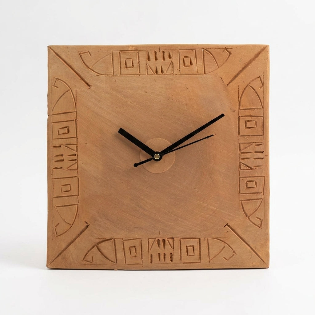Terracotta Wall Clock — Handcrafted Clay Clock with Ancient Indus Script Border