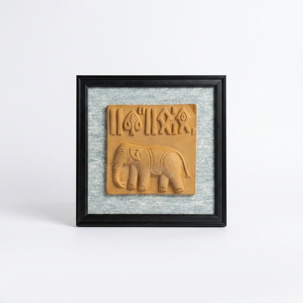 Terracotta Elephant Seal Wall Plaque — Framed Clay Folk Art Relief