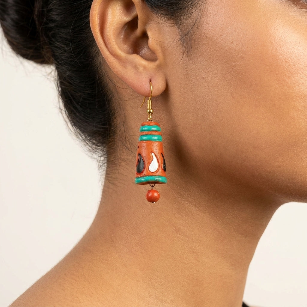 Terracotta Cone Drop Earrings — Hand-Painted Clay Earrings in Terracotta & Teal