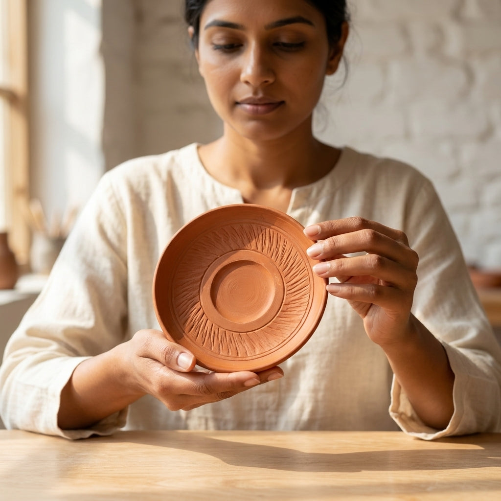 Terracotta Saucer — Handmade Natural Clay Cup Plate with Sun Ray Engraving