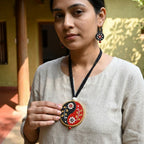 Terracotta Yin-Yang Necklace Set — Hand-Painted Floral Round Pendant & Earrings