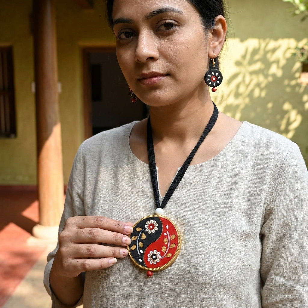 Terracotta Yin-Yang Necklace Set — Hand-Painted Floral Round Pendant & Earrings