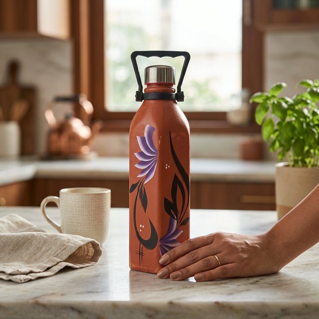 Terracotta Flora Bottle — Handmade Clay Water Bottle 1000ml