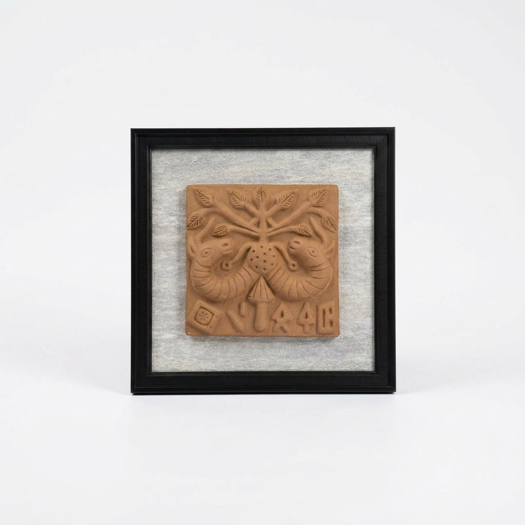 Terracotta Twin Deer Wall Plaque — Framed Indian Folk Art Relief