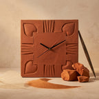 Terracotta Square Wall Clock — Leaf & Heart Relief, No Numbers