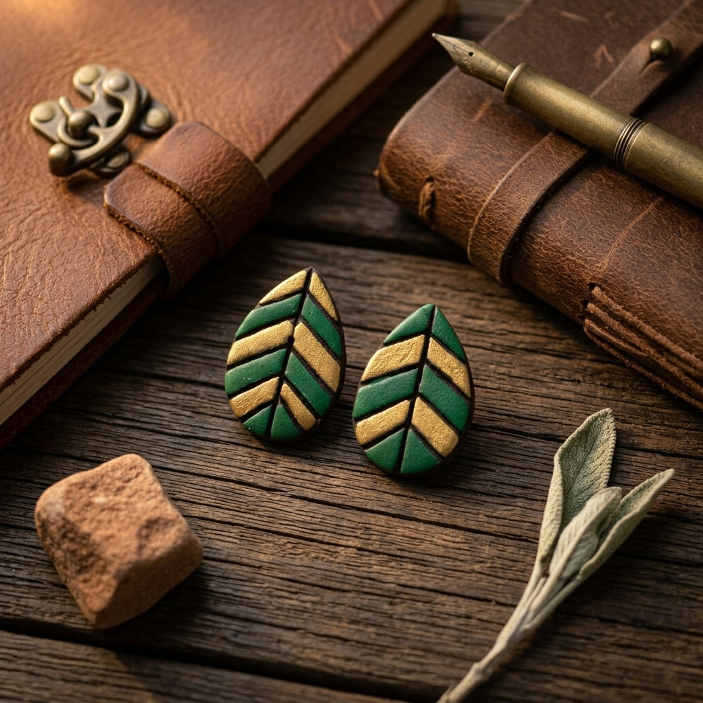 Terracotta Leaf Stud Earrings — Hand-Painted Green & Gold Clay Earrings