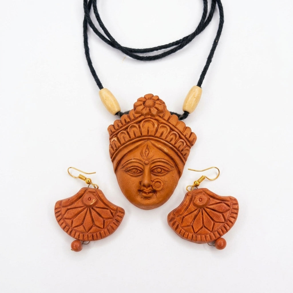 Terracotta Goddess Pendant Necklace — Hand-Sculpted Clay Devi Face