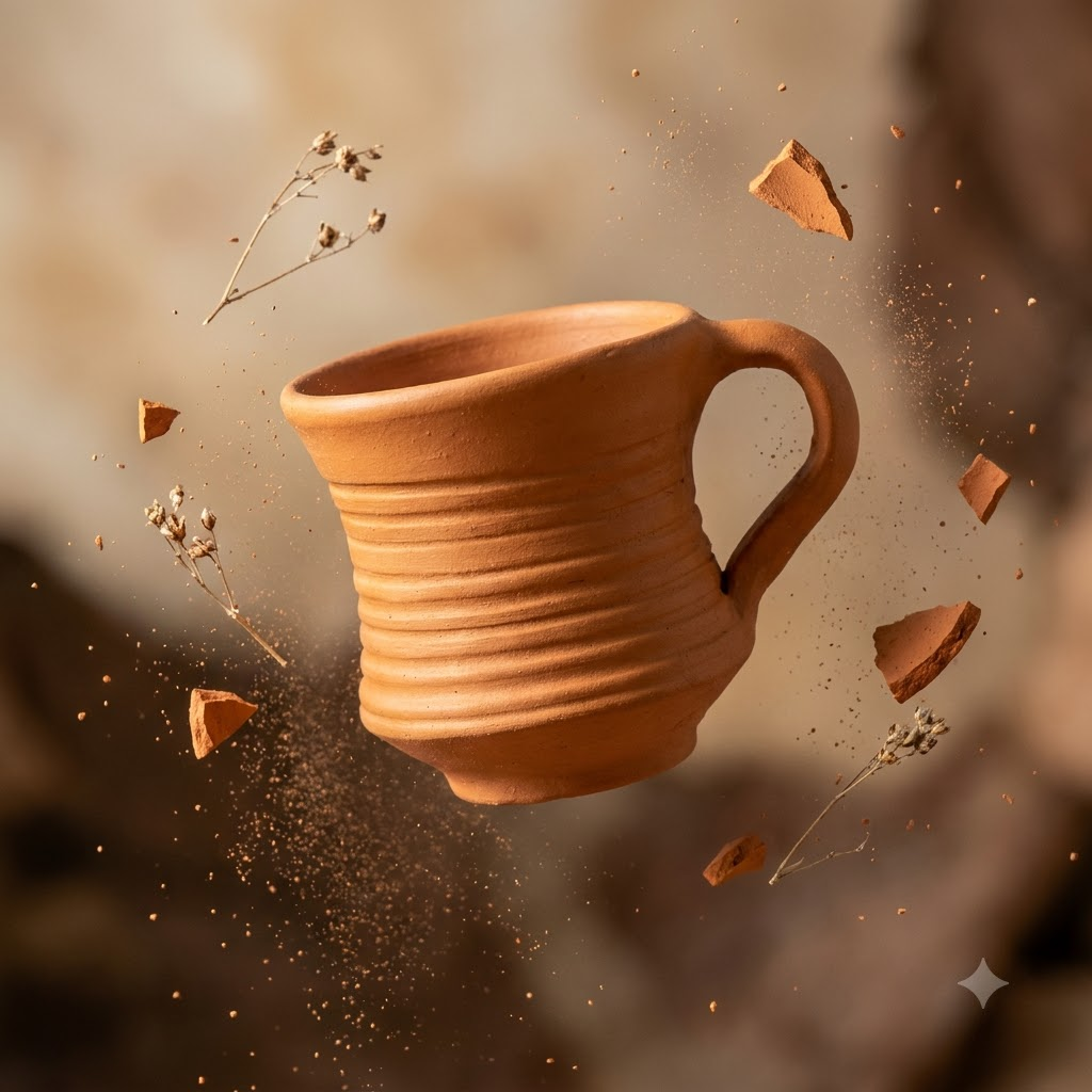 Terracotta Coffee Cup — Handmade Clay Cup with Flared Ribbed Neck