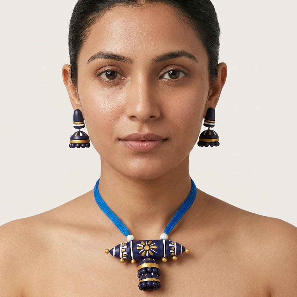 Terracotta Blue Barrel Necklace Set — Handcrafted Clay Necklace with Jhumka Earrings
