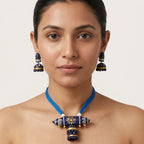 Terracotta Blue Barrel Necklace Set — Handcrafted Clay Necklace with Jhumka Earrings