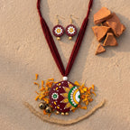 Terracotta Burgundy Mandala Necklace Set — Hand-Painted Floral Round Pendant & Earrings