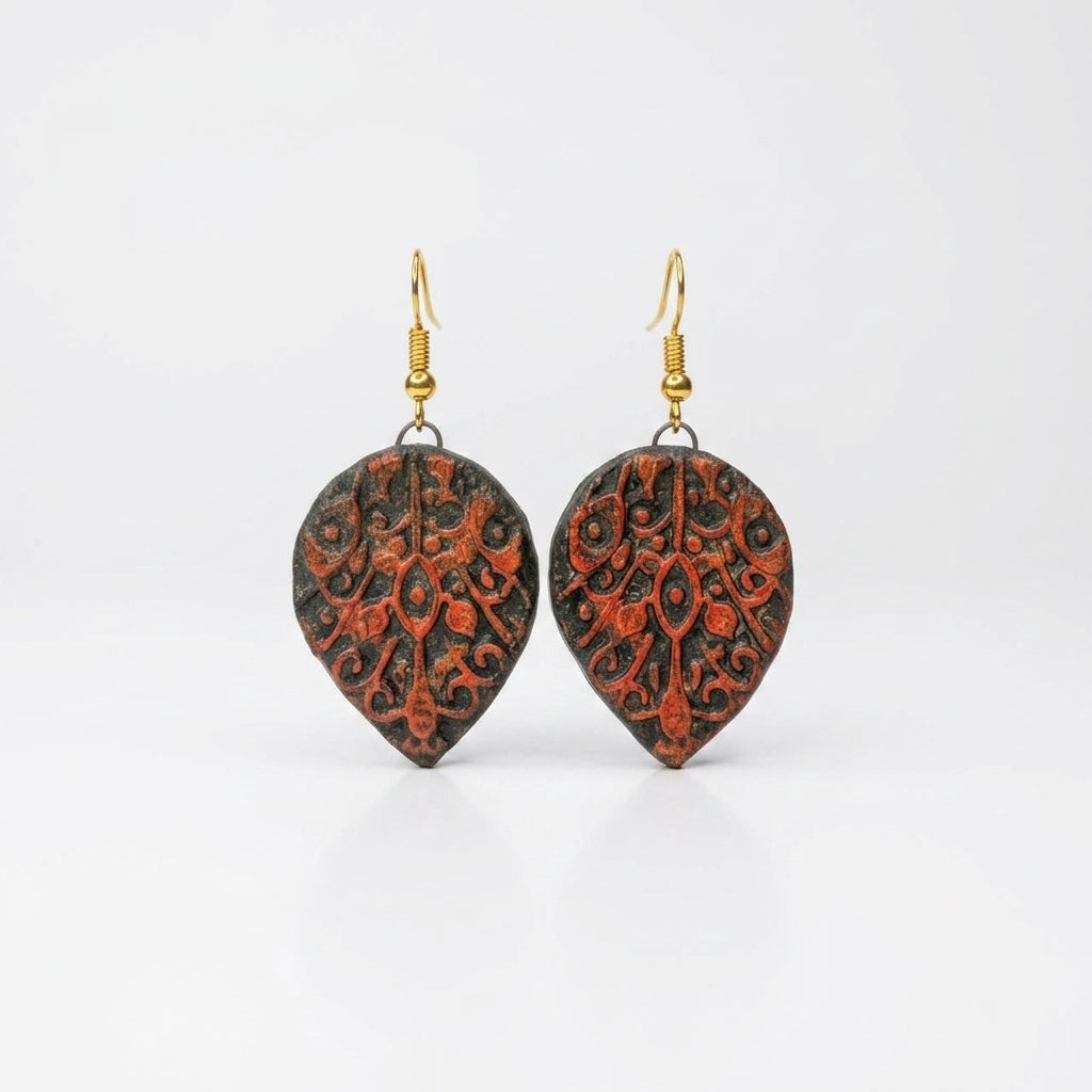 Terracotta Drop Earrings — Filigree Carved Clay Disc with Gold Hooks