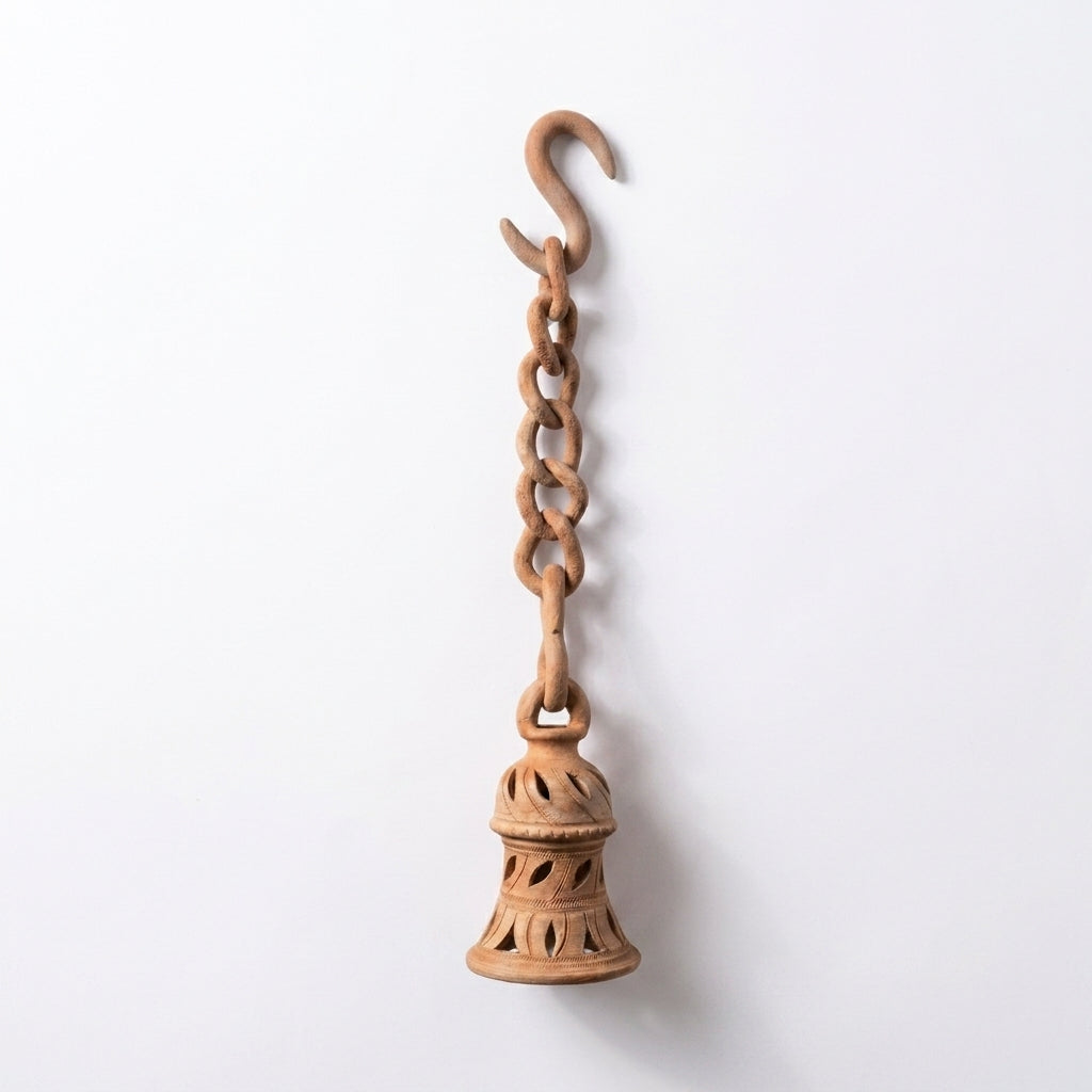 Terracotta Hanging Bulb Holder — Hand-Carved Clay Pendant with Chain & S-Hook