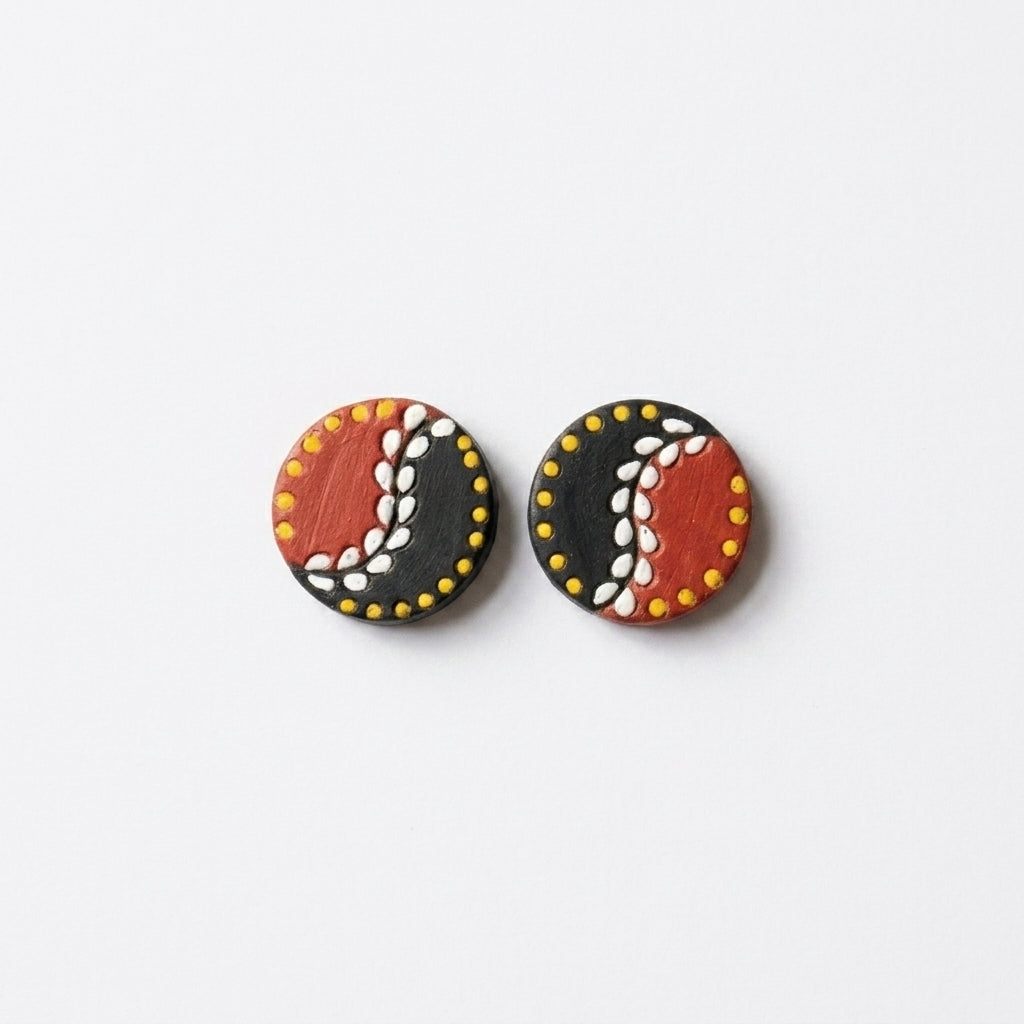 Terracotta Stud Earrings — Hand-Painted Folk Art Clay Studs in Black & Red