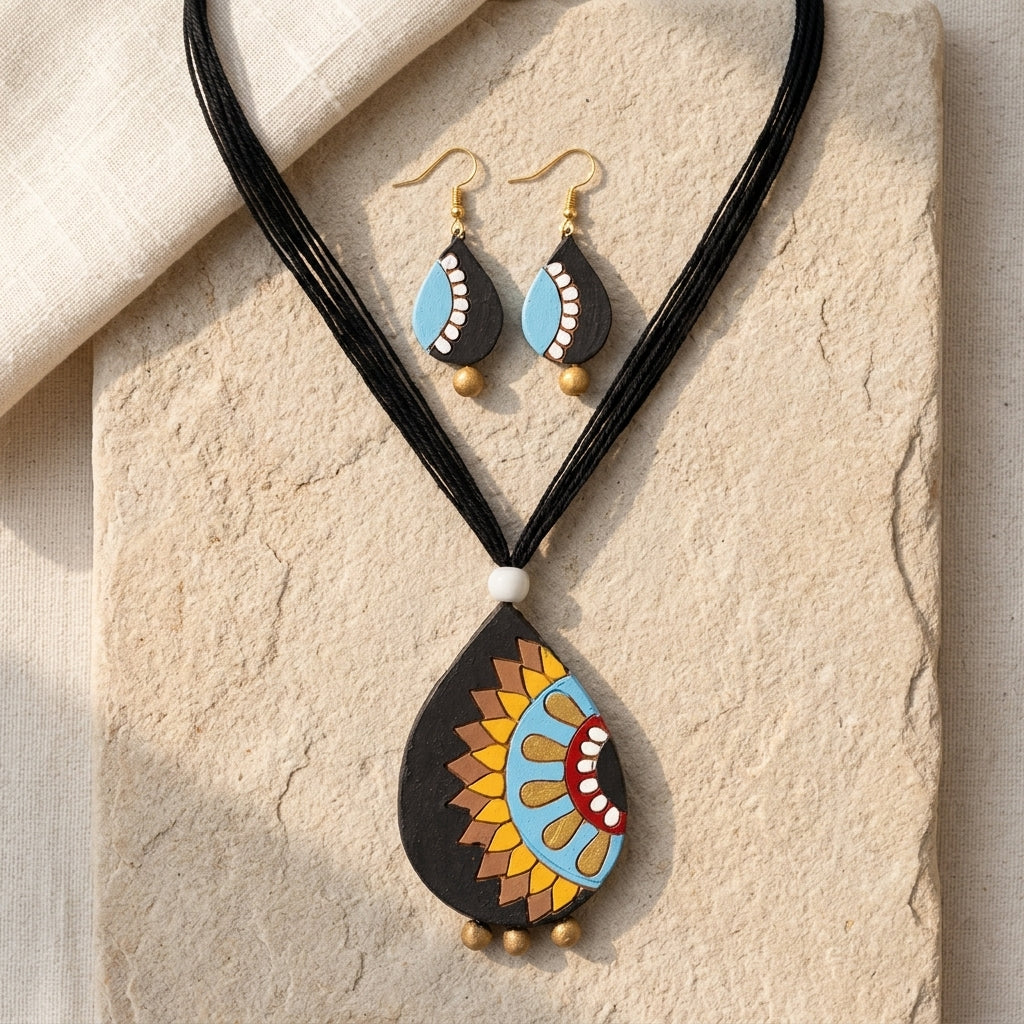 Terracotta Mandala Teardrop Necklace Set — Black Clay with Sunflower Folk Art Pendant & Earrings