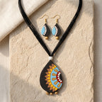 Terracotta Mandala Teardrop Necklace Set — Black Clay with Sunflower Folk Art Pendant & Earrings