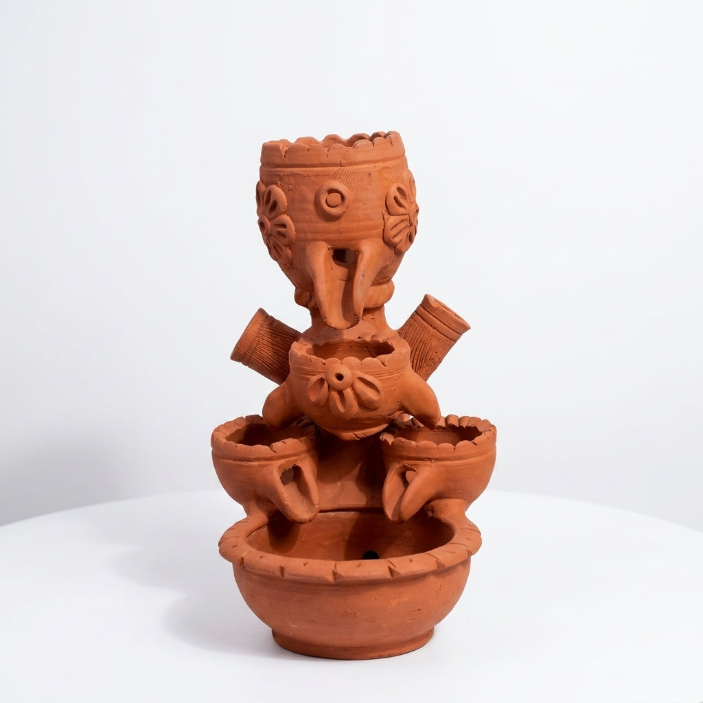 Terracotta Tiered Fountain — Handcrafted Clay Water Fountain (4-Tier)