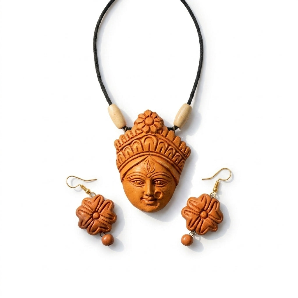 Terracotta Goddess Pendant Necklace — Hand-Sculpted Clay Devi Face