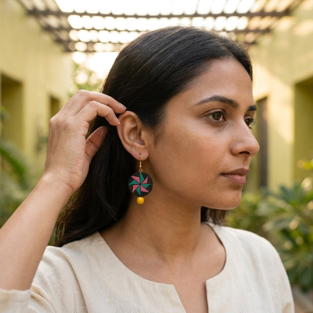 Terracotta Drop Earrings — Geometric Star Clay Disc with Yellow Bead Drop