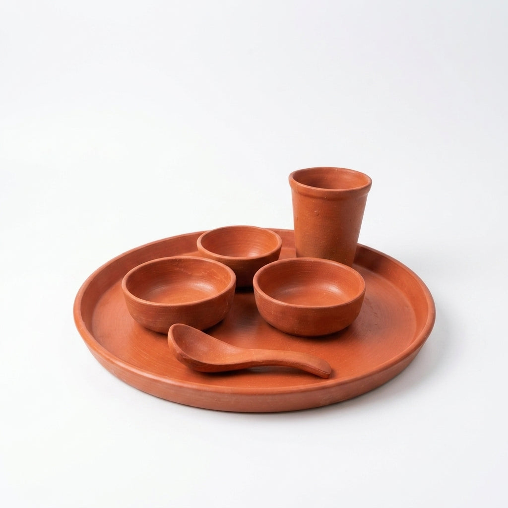 Handcrafted Terracotta Dining Set — Clay Dinner Plate Set with Bowls, Cup & Spoon