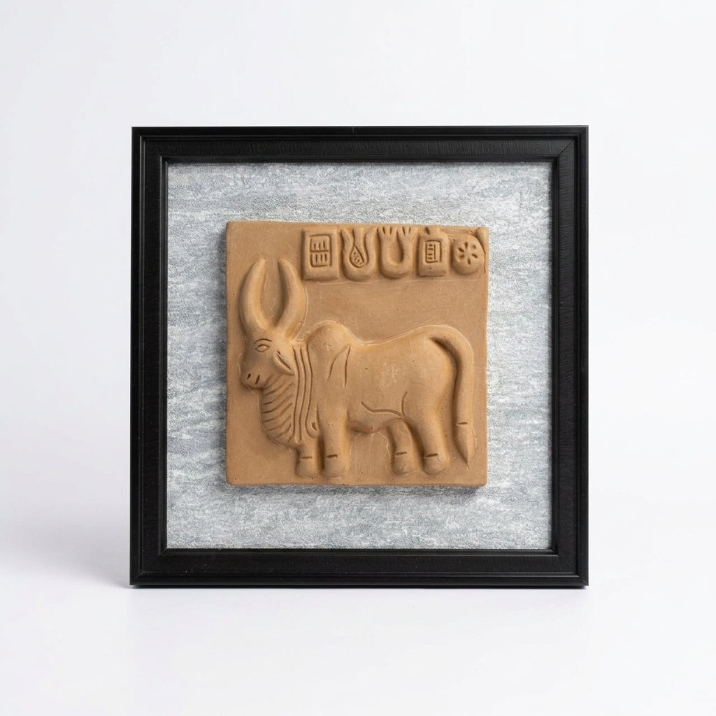 Terracotta Bull Wall Plaque — Framed Indus Valley Script Relief Art
